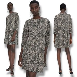 Zara Women's Snake Print Oversized Babydoll Short Dress Black/Beige